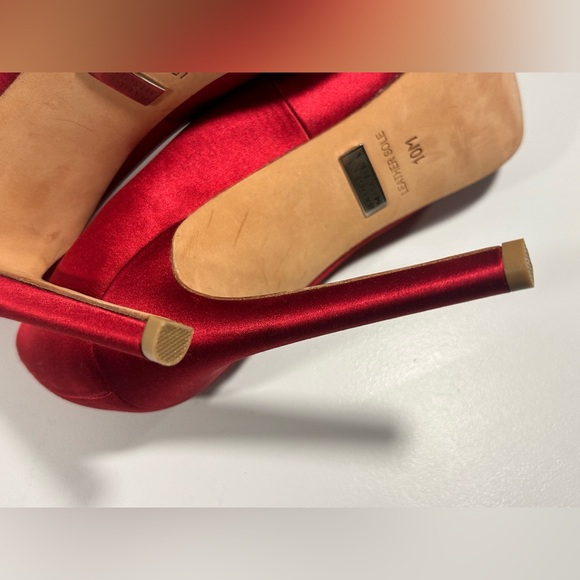 Badgley Mischka Red Satin Crystal Bow Peep Toe Stiletto Heels Size 10 - Picture 12 of 15